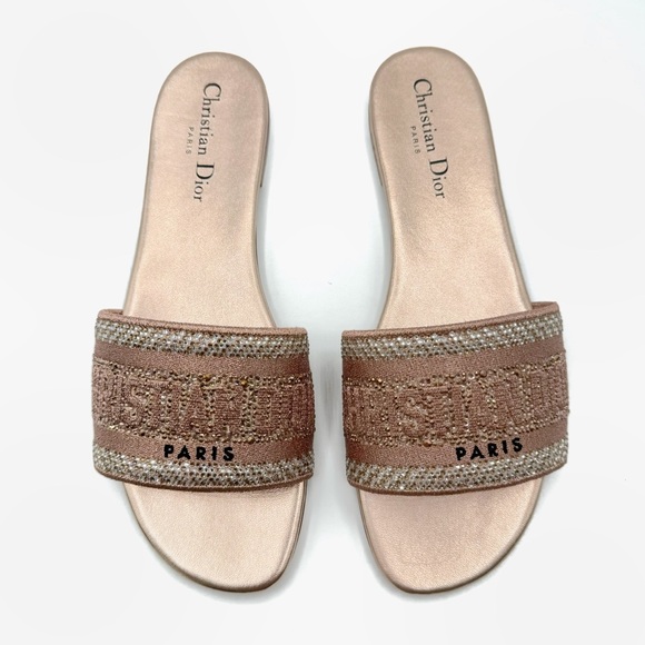 Dior Shoes - NEW Christian Dior Pink Beige Crystal Strass Dway Logo Canvas Flats Sandal Shoes